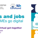An event poster for Cedefop and Eurofound event on white background with blue and purple text. Text reads: "Skills and Jobs: how SMEs go digital"