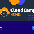 A blue banner with the DSJP logo, an image with the logo of CloudCamp4SMEs and a button with text "Enrol now". 