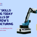 An illustration of a manufacturing robot, on light-blue background, with text. Text reads: REBOOT Skills: building today the skills of tomorrow’s manufacturing, Up-skilling and re-skilling as the engine of Europe’s new manufacturing