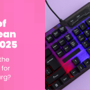 A photo of a keyboard on purple and pink background, with white text. Text reads: "State of European Tech 2025: what are the hot topics for Luxembourg?"