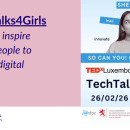 An image of the event poster for TechTalks for Girls, on light pink background, with text. Text reads: "TechTalks4Girls: a day to inspire young people to embark on digital careers"