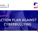 An image of the EU poster on the Action Plan for Cyberbullying on blue and white background, with text. Text reads: "Action Plan against Cyberbullying"