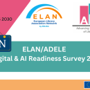 Banner for the ELAN/ADELE Digital & AI Readiness Survey 2.0, with logos of Public Libraries 2030, ELAN and ADELE